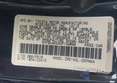 2013 Toyota Corolla Le из США, поврежденный, VIN 5YFBU4EE4DP132098